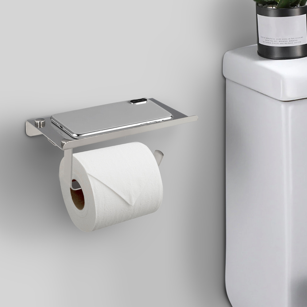 Portarrollos Baño Con Estante Para Moviles Autoadhesivo, Color Inox Con Efecto Espejo, Autoadhesivo Resistente o Con Tornillos - Imagen 4
