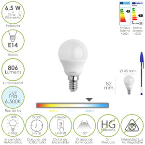 Bombilla Led Esfera Rosca E14. 6.5 Watt. Equivale A 55 Watt. 806 Lumenes. Luz Fría 6500º K.
