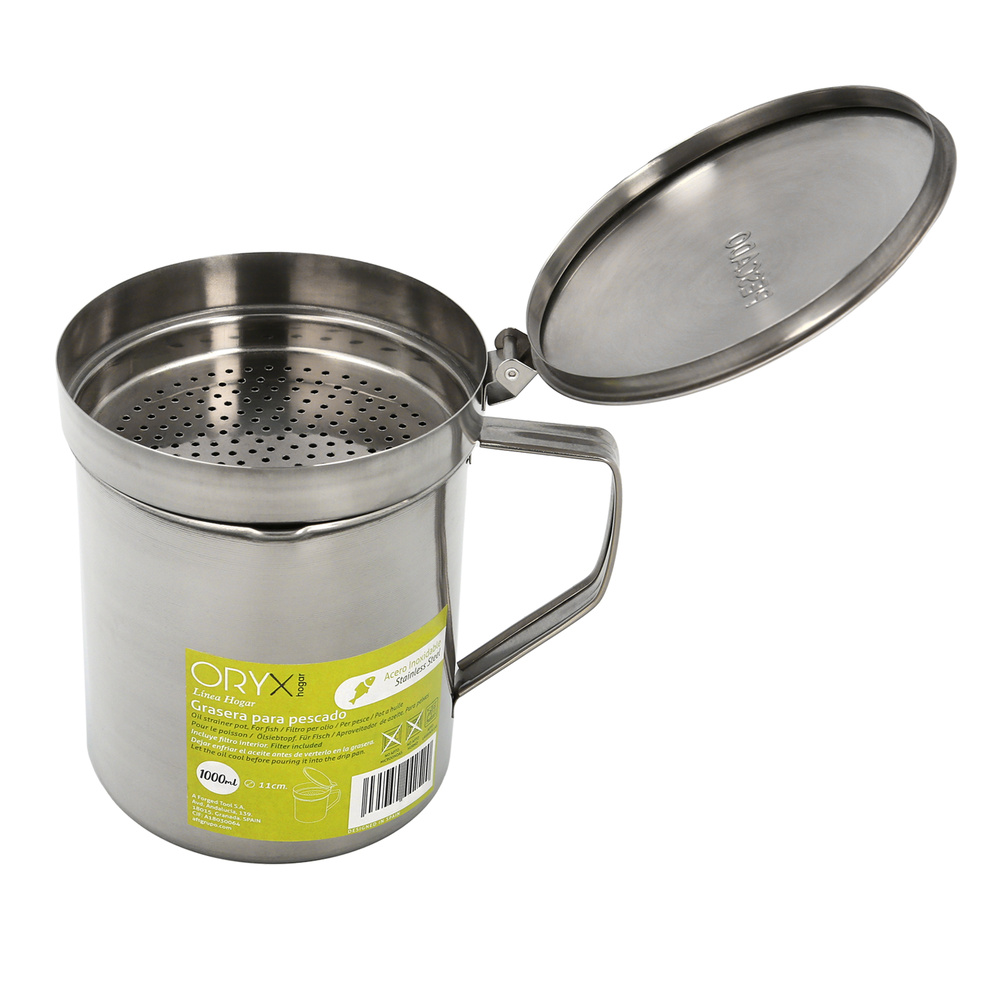 Grasera Acero Inoxidable Para Pescado Aceitera Aceite Usado 1,0 L. Con Colador y Tapa, Recipiente Reciclaje Aceite Usado Pescado - Imagen 3