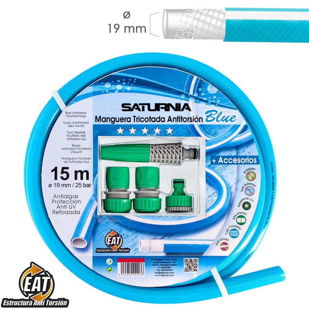 Manguera Tricotada No Torsion Blue Ø 19 mm. Rollo 15 metros. Con Accesorios, Manguera Anti Torsion, Manguera Sin Dobleces,