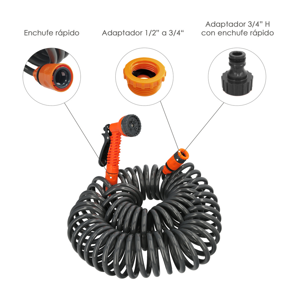 Manguera Extensible Autoenroscable Espiral 15 Metros Con Pistola y Conectores - Imagen 4