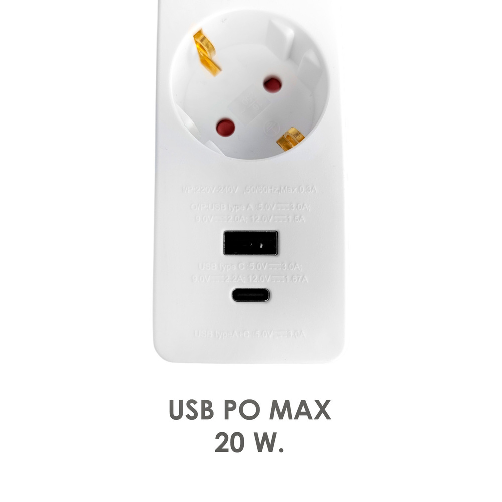 Base Multiple 3 Tomas Schucko y 2 tomas USB (A / C) Con Interruptor y Toma de Tierra - Imagen 4