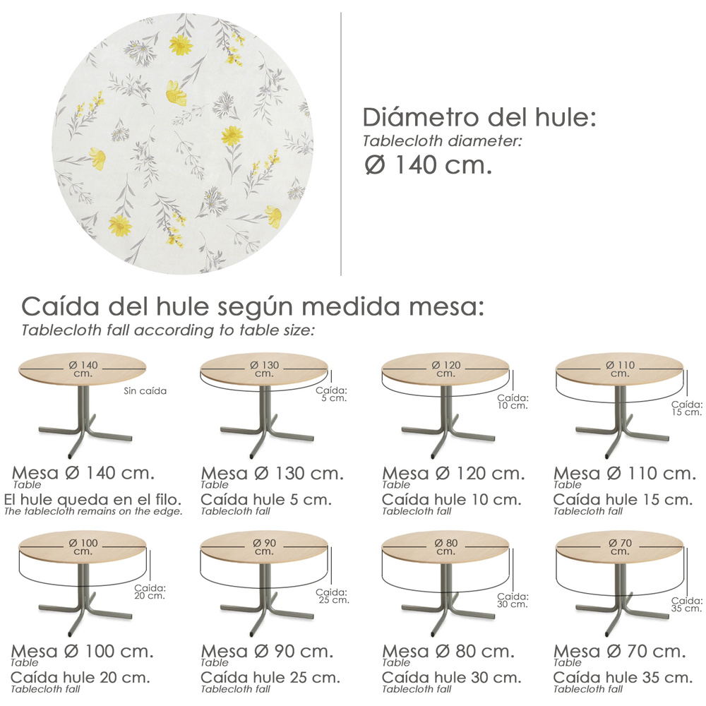 Mantel Hule Redondo Flores Amarillas Impermeable Antimanchas PVC Ø140 cm. Uso Interior y Exterior - Imagen 5