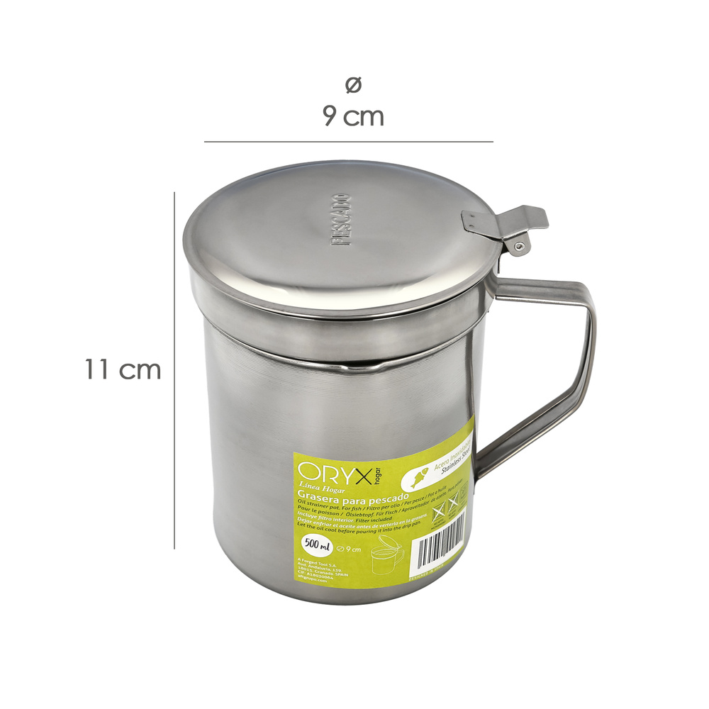 Grasera Acero Inoxidable Para Pescado Aceitera Aceite Usado 0,5 L. Con Colador y Tapa, Recipiente Reciclaje Aceite Usado Pescado - Imagen 2