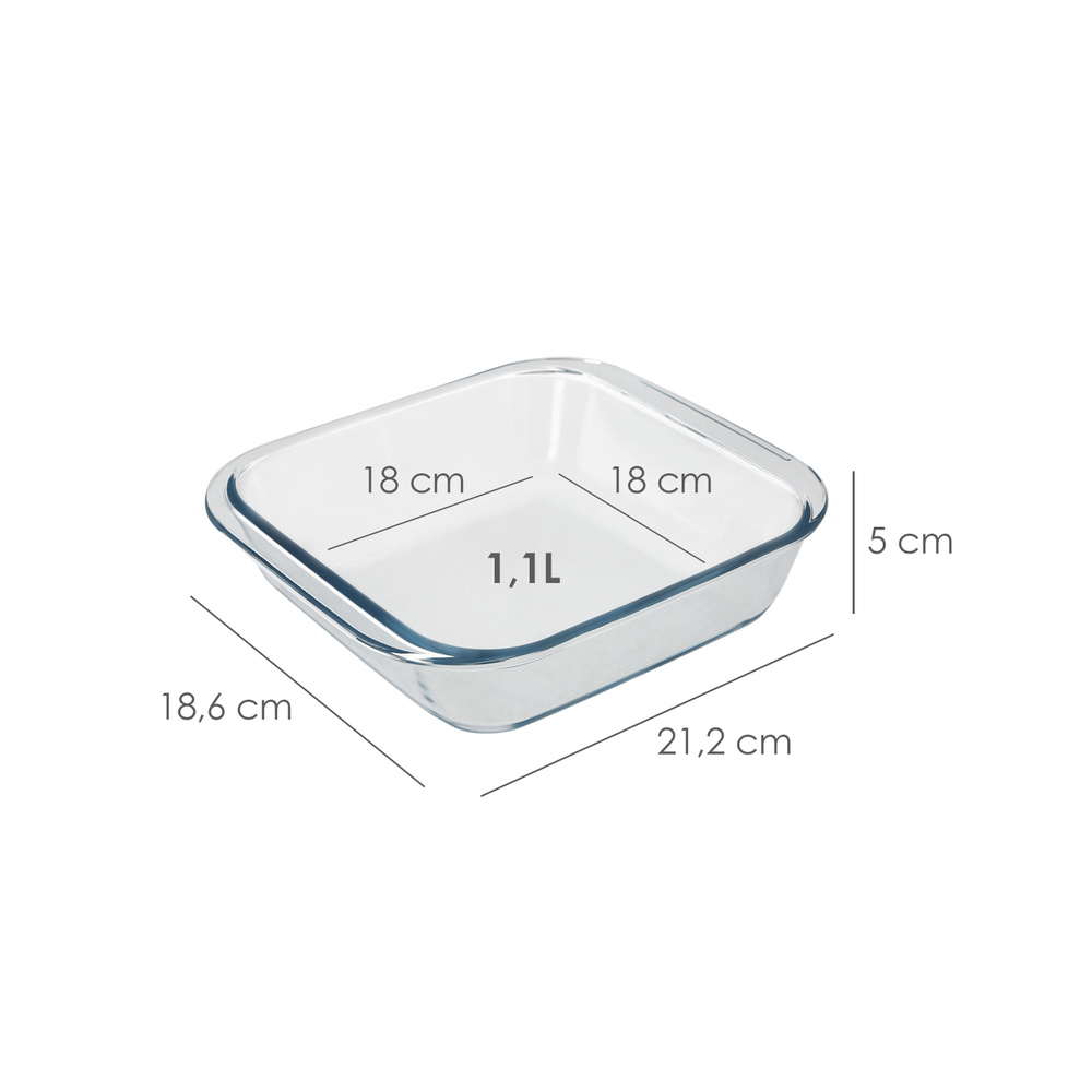 Fuente Horno Cristal Borosilicato Cuadrada 1,1litros. 18x18 cm. Ideal Meclas, Ensaladas, Postres, Cocina, Resposteria. Libre BPA - Imagen 2