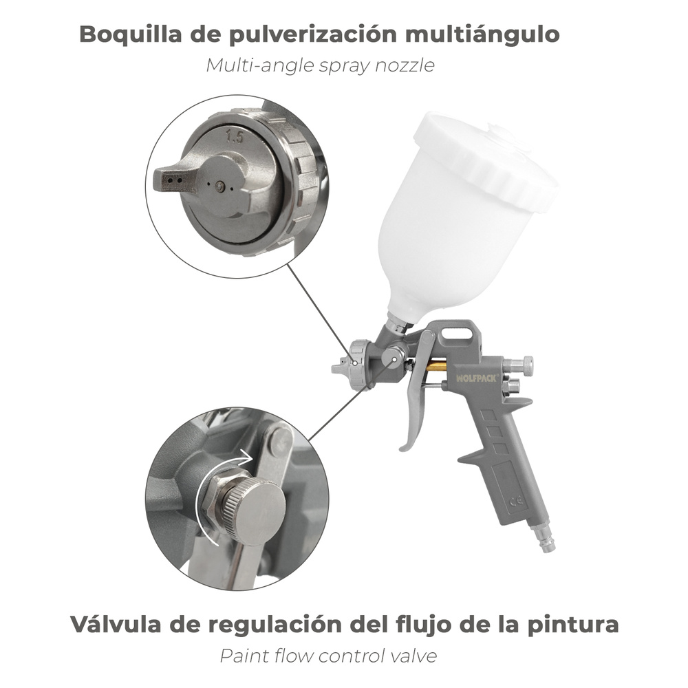 Pistola Pintar Neumática Boquilla De 1,5 mm. Con Depósito Superior 0,6 Litros y Adaptador Rapido - Imagen 4