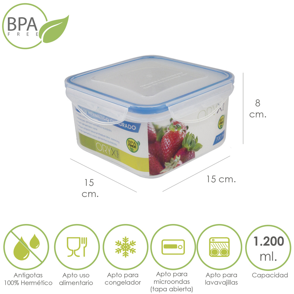 Recipiente Hermetico Plastico Cuadrado 1200 ml. 15x15x8 (Alt.) cm.