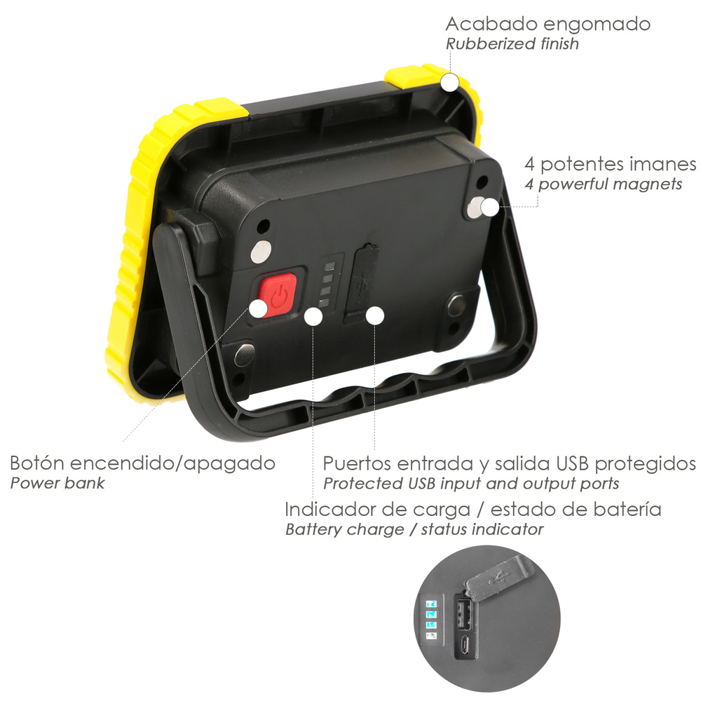 Linterna de Trabajo Led Multifunción Recargable 2.000 mAh. / 10 W. / 500 Lúmenes / 4 Imanes / Bateria Externa / Soporte 180º - Imagen 3