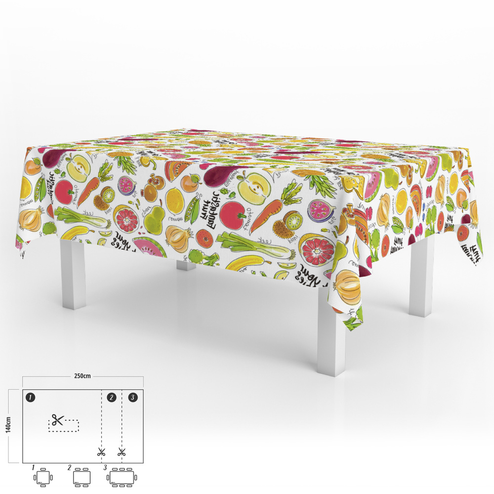 Mantel Hule Rectangular Frutas Fantasia Impermeable Antimanchas PVC 140x250 cm. Recortable Uso Interior y Exterior