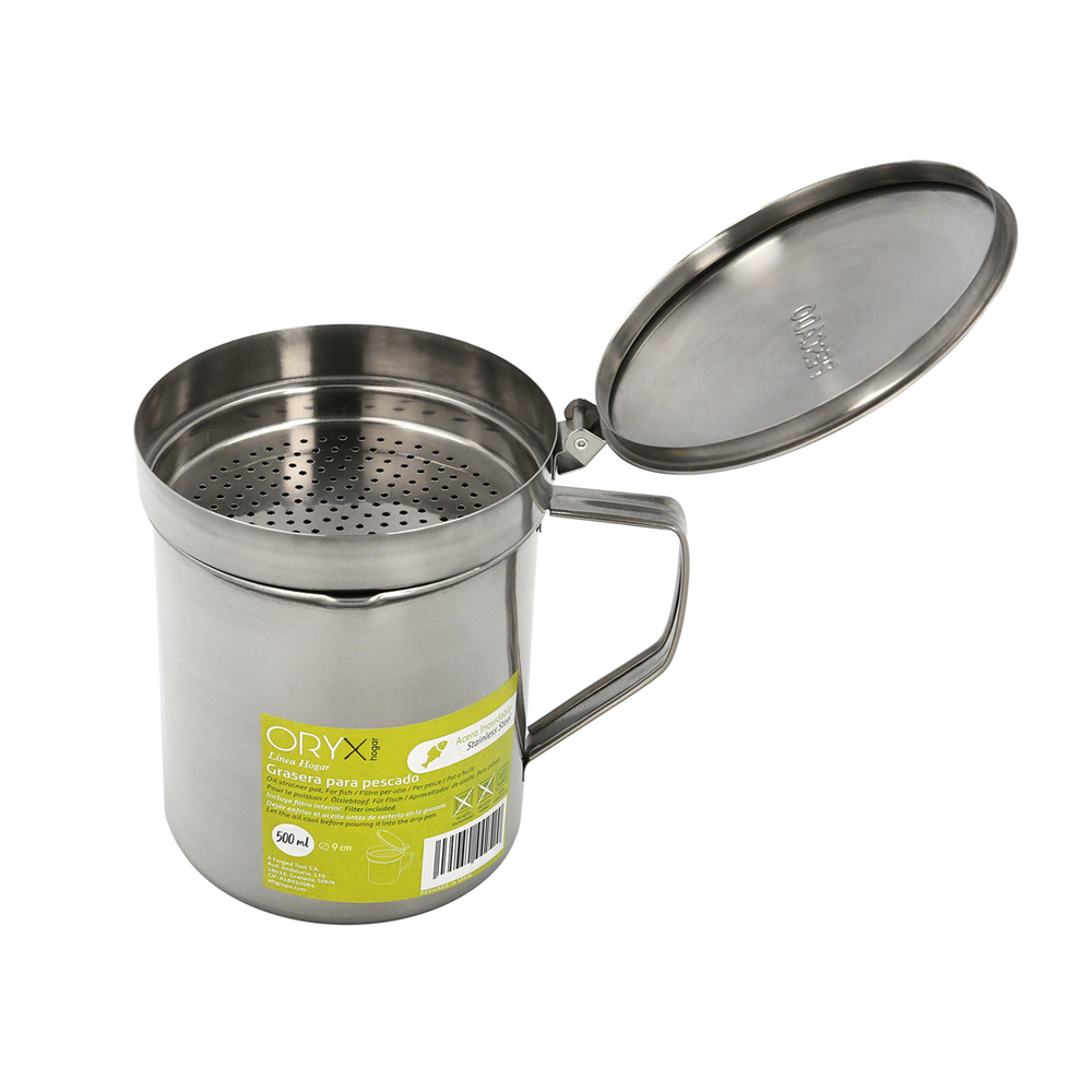 Grasera Acero Inoxidable Para Pescado Aceitera Aceite Usado 0,5 L. Con Colador y Tapa, Recipiente Reciclaje Aceite Usado Pescado - Imagen 3