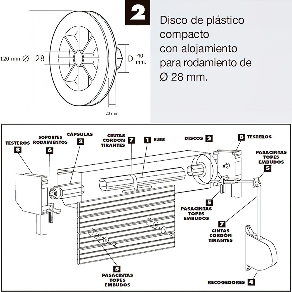 Disco Plastico Compacto Para Persianas. Rodamieto 120x40 mm. Para cintas hasta 20 mm. - Imagen 3