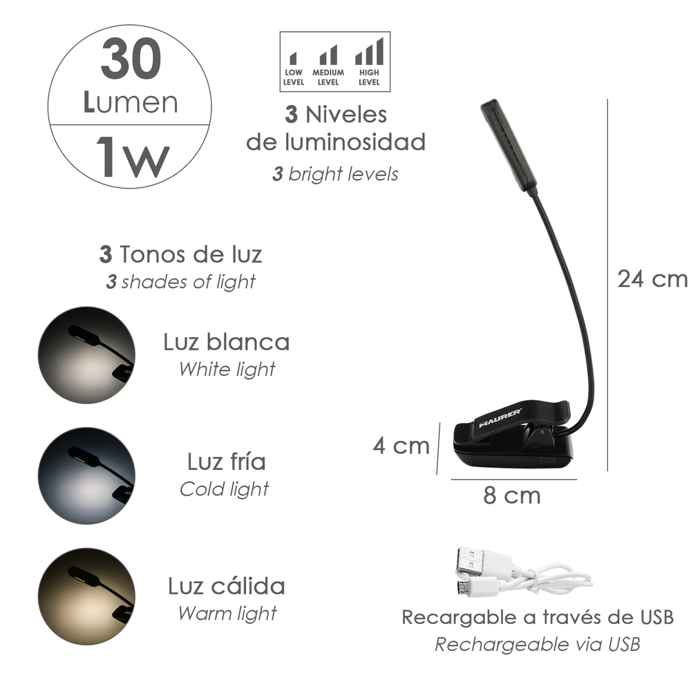 Linterna LED De Mesa / Lectura Bateria Recargable (1.000 mAh) 30 Lumenes Con Clip, 3 Tonos De Luz y 3 Niveles De Luminosidad - Imagen 2