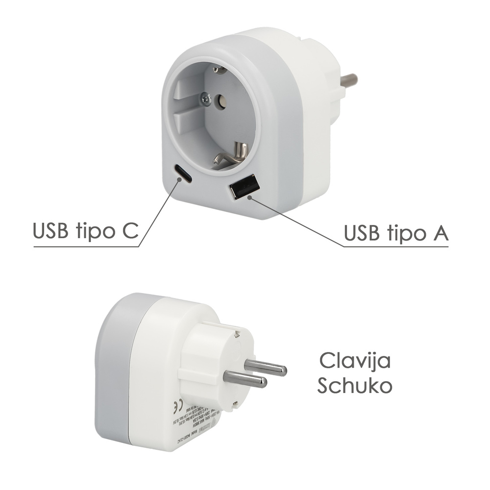 Enchufe / Adaptador Schuko Con 2 Tomas, USB A / C. Potencia Maxima 3680 W. Cargador Moviles, Cargador 2 Tomas, Adaptador Moviles - Imagen 3