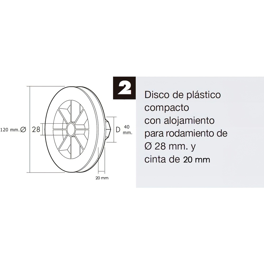 Disco Plastico Compacto Para Persianas. Rodamieto 120x40 mm. Para cintas hasta 20 mm. - Imagen 4