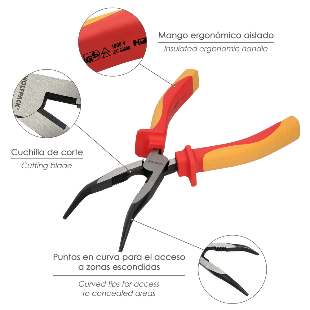 Alicates Boca Curva 200 mm. Mangos Aislados Acero Cromo Vanadio Pelacables, Corta Cables, Pelador Cables - Imagen 3