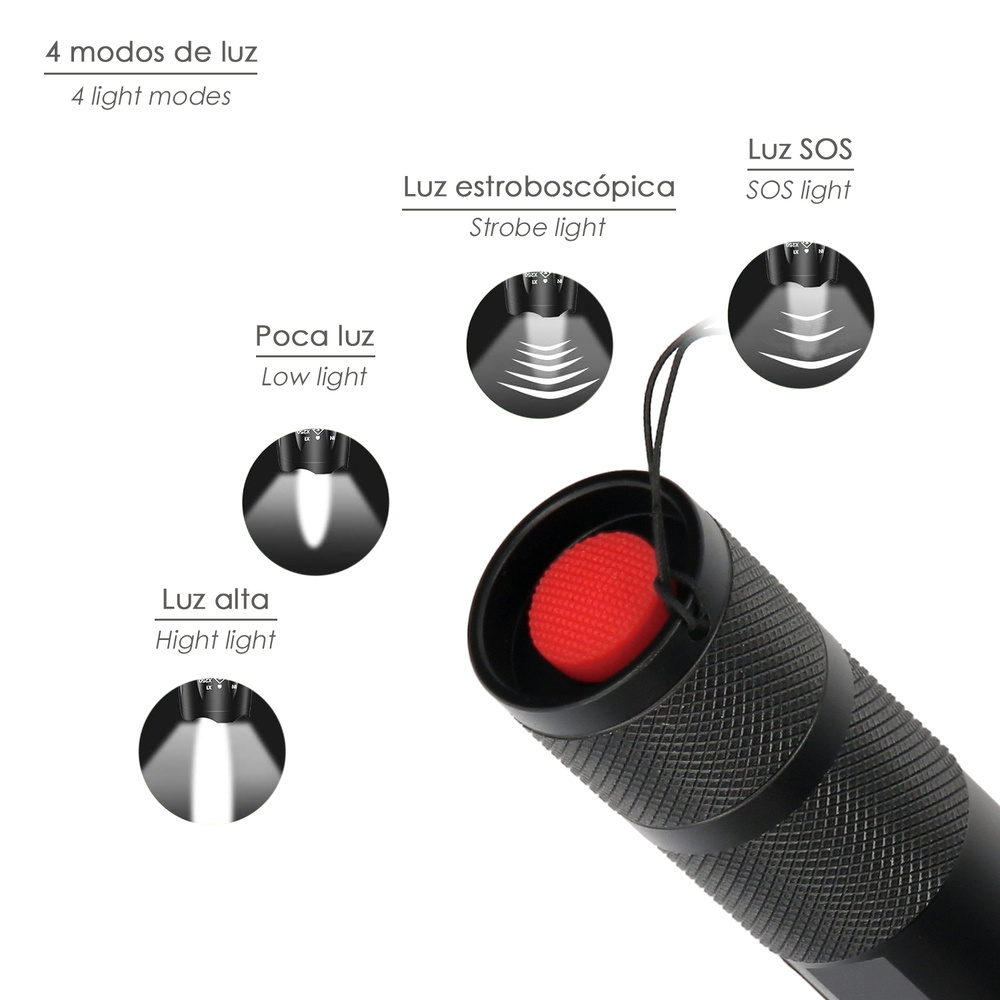 Linterna LED De Mano Aluminio A Pilas (3 AAA) 300 Lumenes 5 Watt. Con Zoom - Imagen 3
