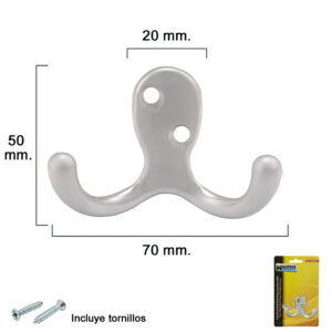 Gancho Doble Plata Mate Para Atornillar con tornillos incluidos.