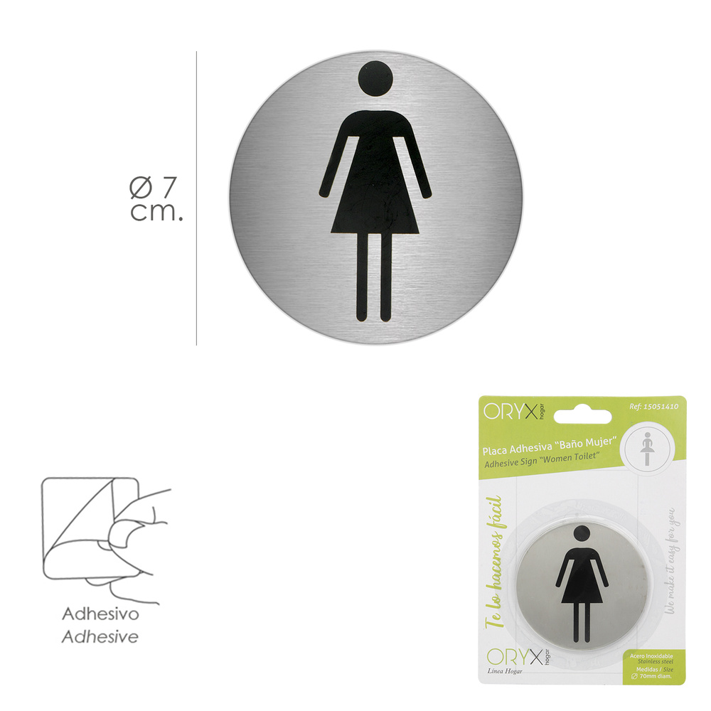Placa Adhesiva Baño "Mujer" Acero Inoxidable Ø 7 cm. - Imagen 2
