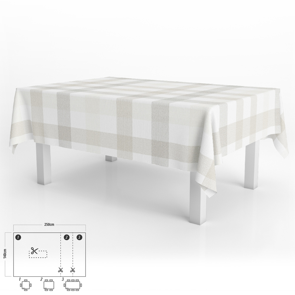 Mantel Hule Rectangular Cuadros Beige Impermeable Antimanchas PVC 140x250 cm. Recortable Uso Interior y Exterior