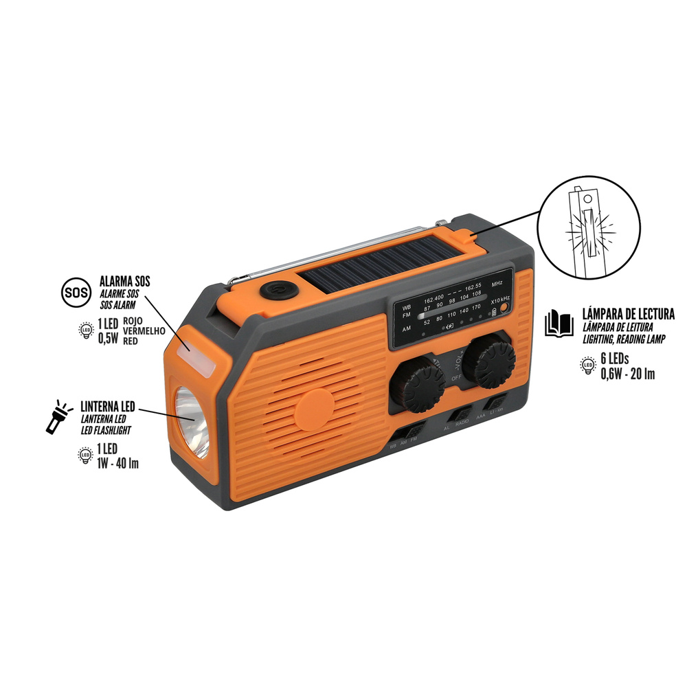 Linterna Led De Emergencia Solar Con Radio, Con Bateria, Carga Manual Dinamo - Imagen 3