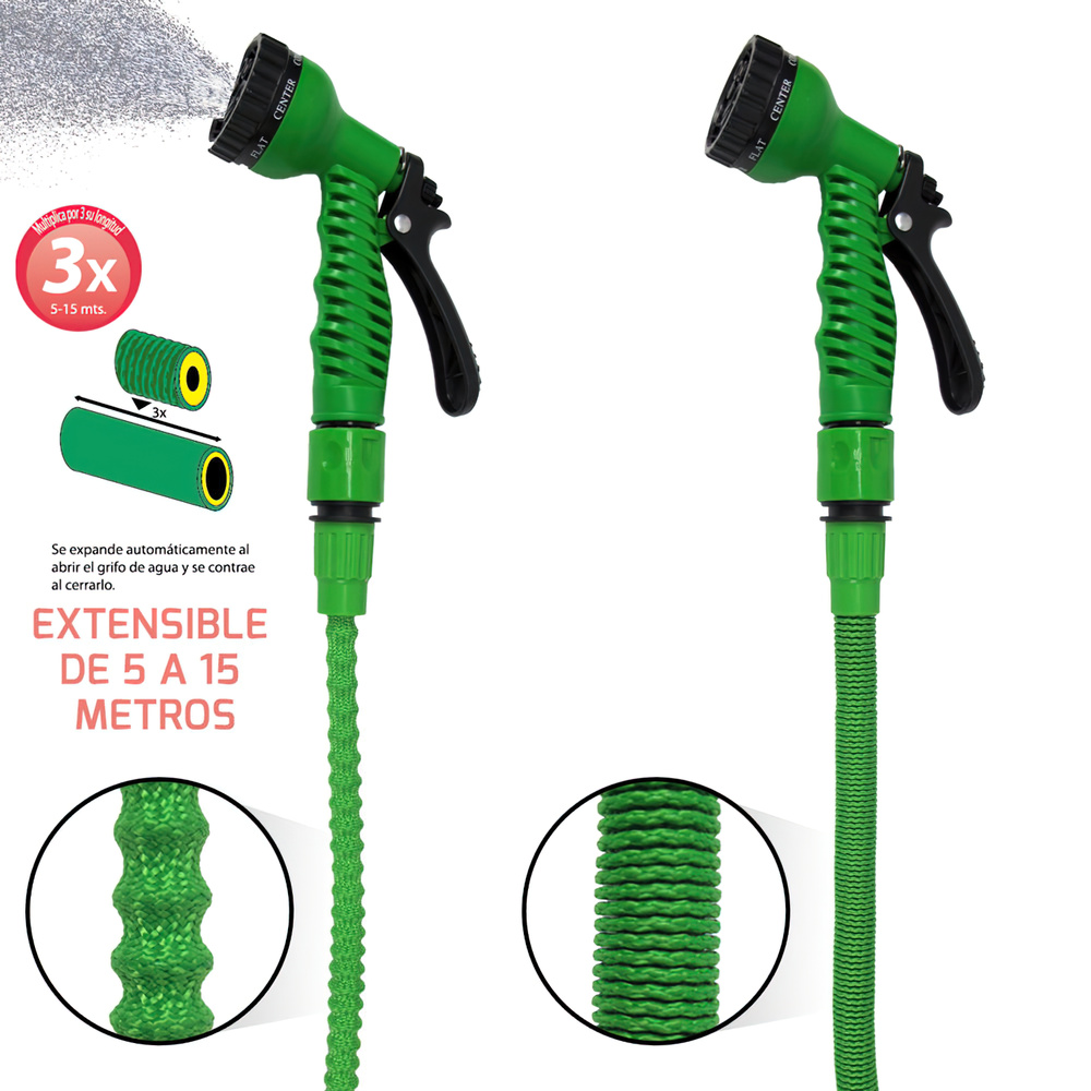 Manguera Extensible Riego Compacto 5 A 15 Metros Con Pistola 7 Posiciones - Imagen 3