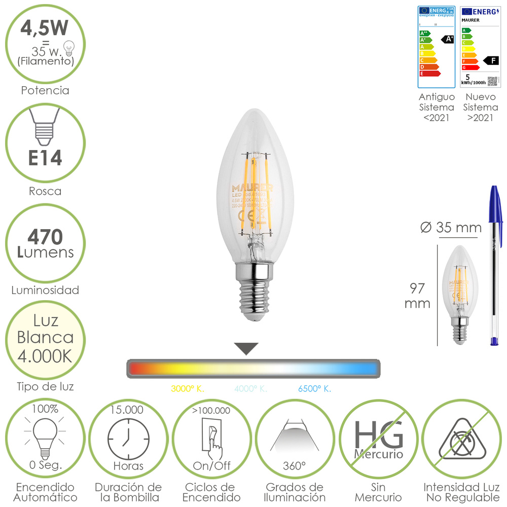 Bombilla Led Filamento Vela Rosca E14. 4,5 Watt. Equivale A 35 Watt. 470 Lumenes. Luz Neutra 4000º K.