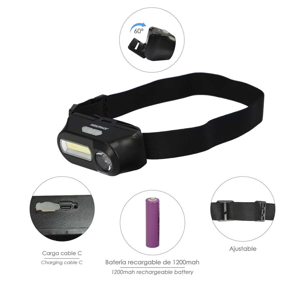 Linterna Led Frontal Cabeza Ajustable 350 Lumenes 4 Modos, Cinta Ajustable, 3 modos de luz. Fuerte, media y flash. 1200Mah - Imagen 2