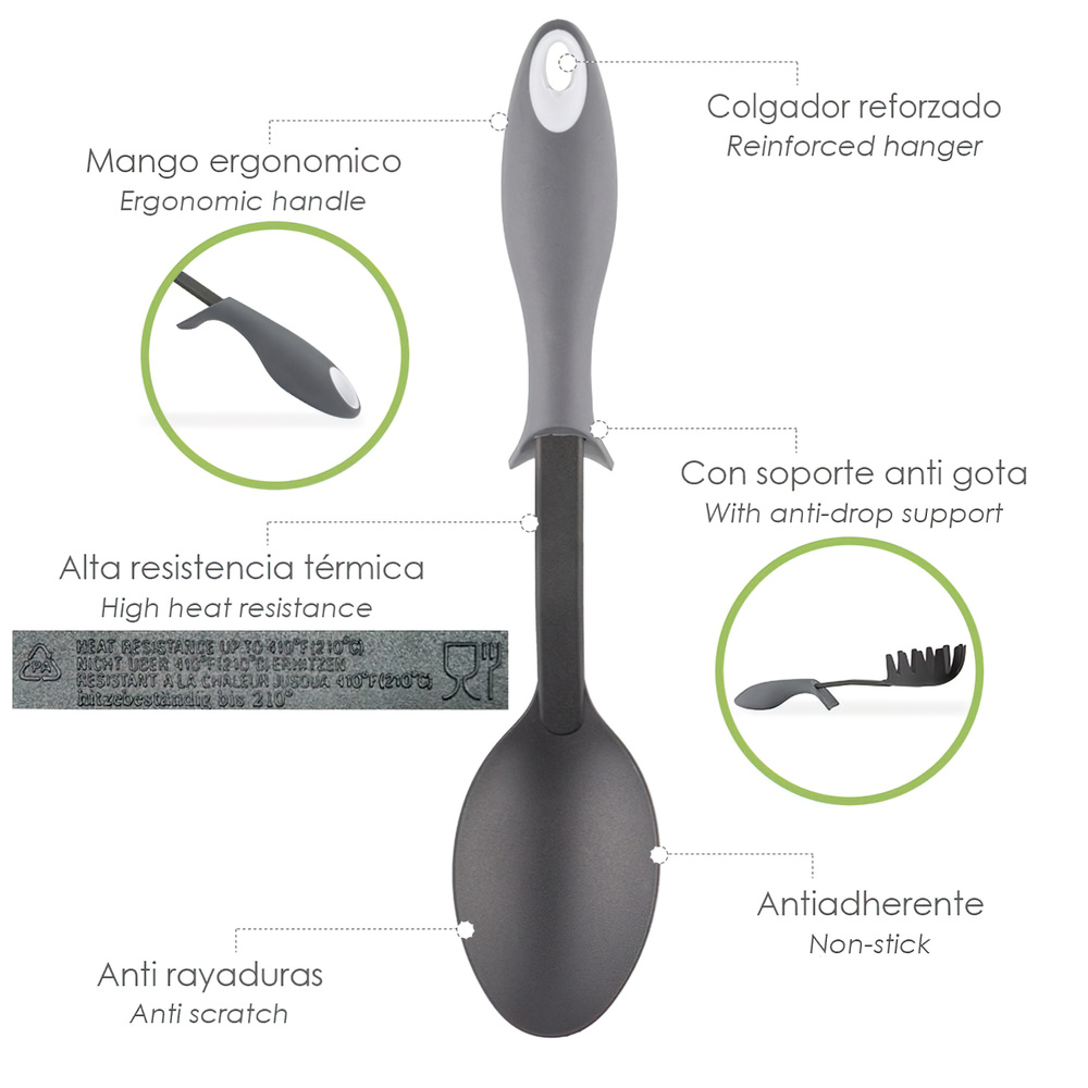 Cuchara Servir Cocina Nylon Con Mango Antigotas Engomado 32,5x6cm - Imagen 4