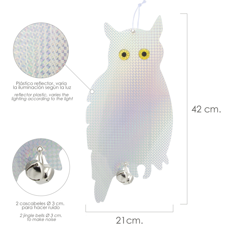 Buho Espantapajaros Reflectante Para Colgar Con 2 Cascabeles (2 Piezas) - Imagen 2