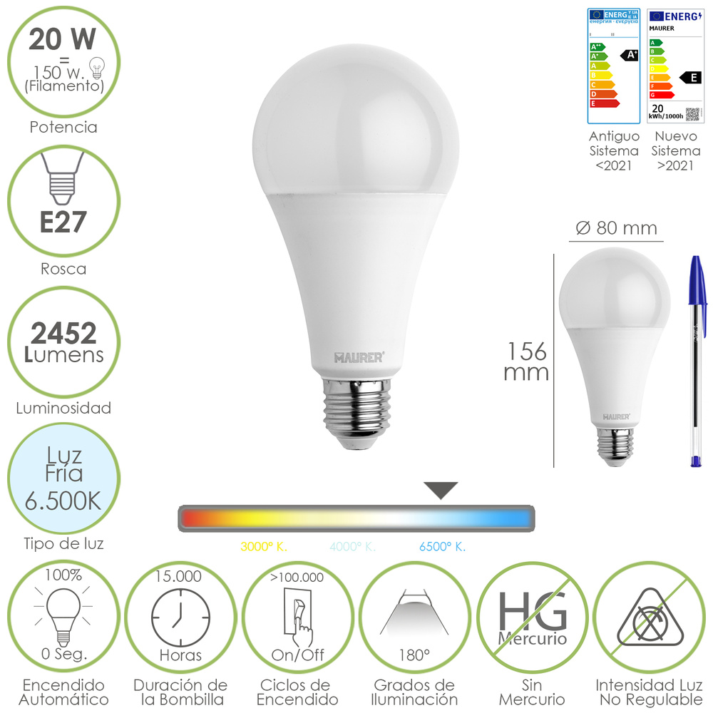 Bombilla Led Estandar Rosca E27. 20 Watt. Equivale A 150 Watt. 2452 Lumenes. Luz Fria (6500º K.)