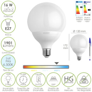 Bombilla Led Globo Rosca E27. 16 Watt. Equivale A 130 Watt. 1901 Lumenes. Luz Fria 6500º K.