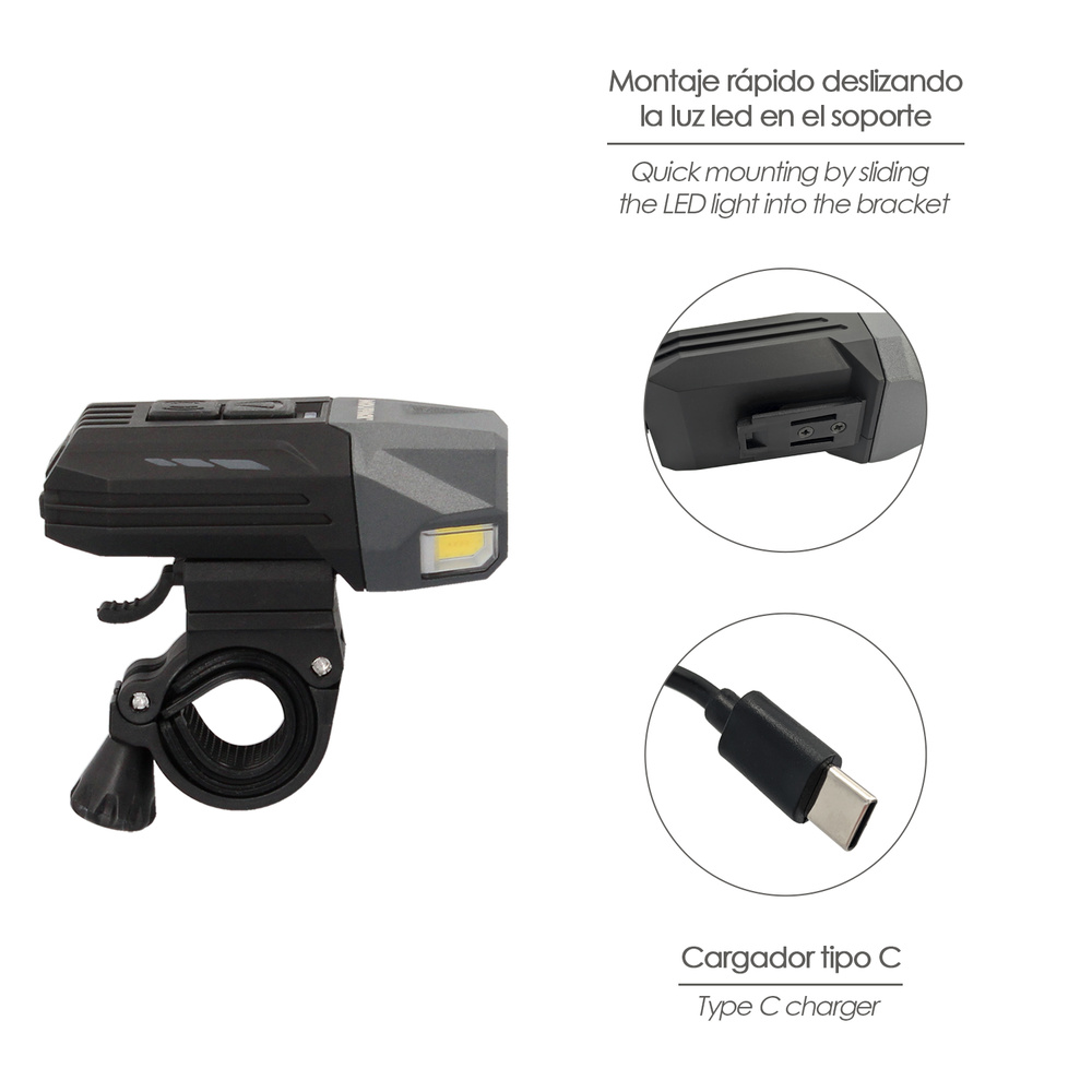 Luz Led Frontal Para Bicicleta / Patinete 800 Lumenes (7 Modos) Bateria Recargable USB - Imagen 4