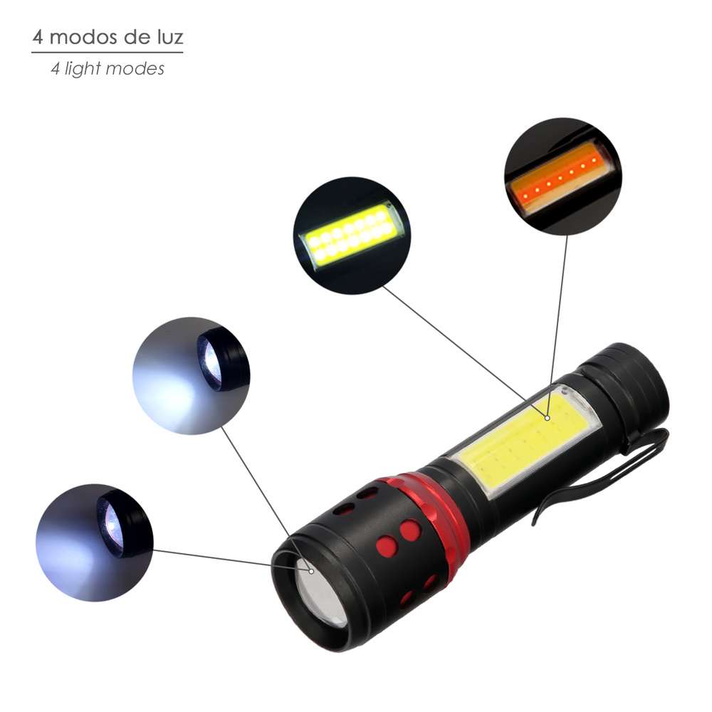 Linterna LED De Mano Mini Aluminio Recargable USB (1.200 mah) 500 Lumenes 5 Watt. Con Función Zoom y Clip Sujeción - Imagen 3