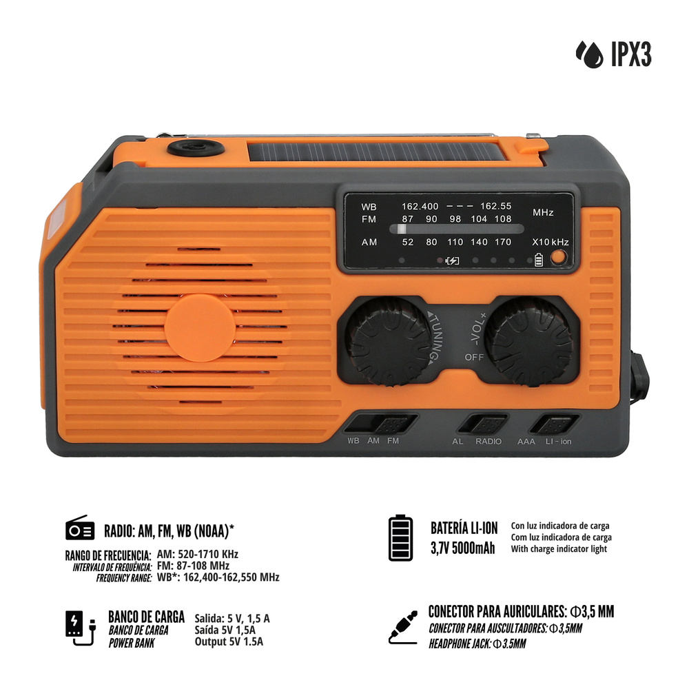 Linterna Led De Emergencia Solar Con Radio, Con Bateria, Carga Manual Dinamo - Imagen 5