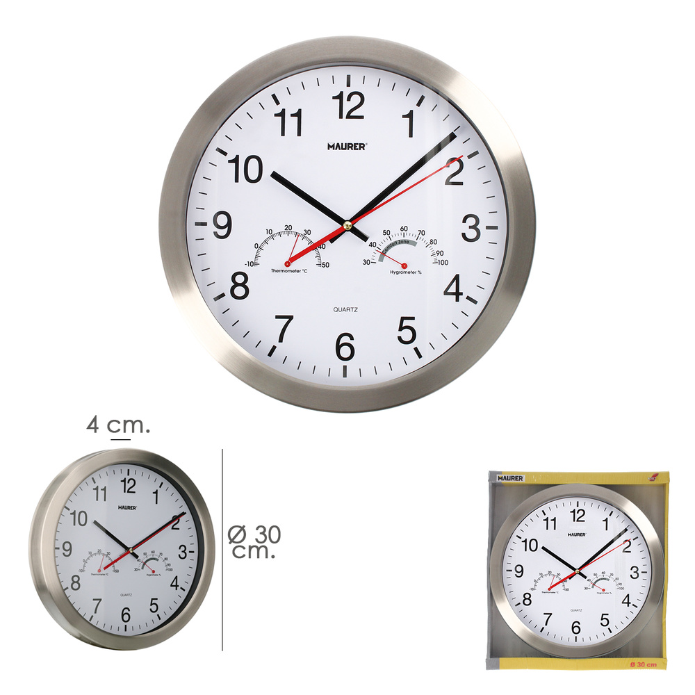 Reloj De Pared Ø 30 cm. Con Higrometro y Termometro. Frontal En Acero - Imagen 3