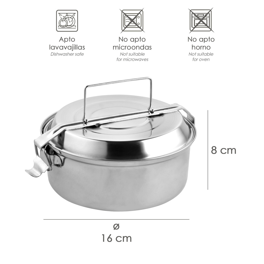 Fiambrera Metalica De Acero Inoxidable Con 2 Platos Ø 16 cm. Lunch Box, Fiambrera Metalica, Porta Alimentos Metalico, - Imagen 2