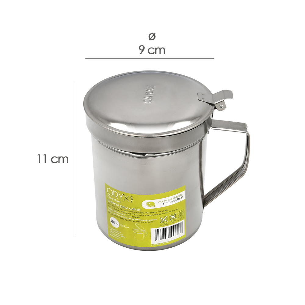 Grasera Acero Inoxidable Para Carne, Aceitera Aceite Usado 0,5 lts. Con Colador y Tapa, Recipiente Reciclaje Aceite Usado Carne - Imagen 2