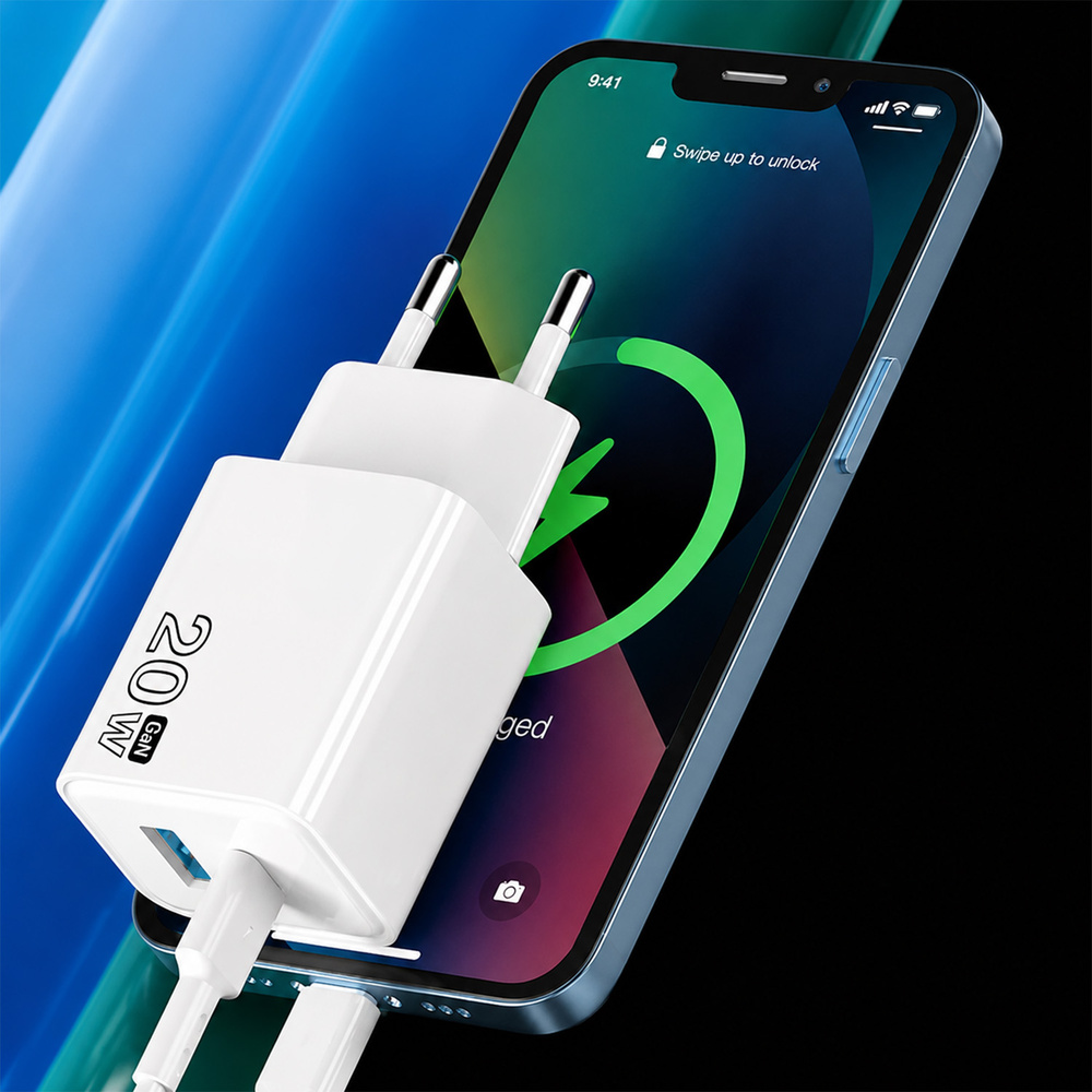 Cargador GaN 20 W. con puertos USB-A y USB-C. incluye cable USB-C a USB-C de 100 cm. - Imagen 2