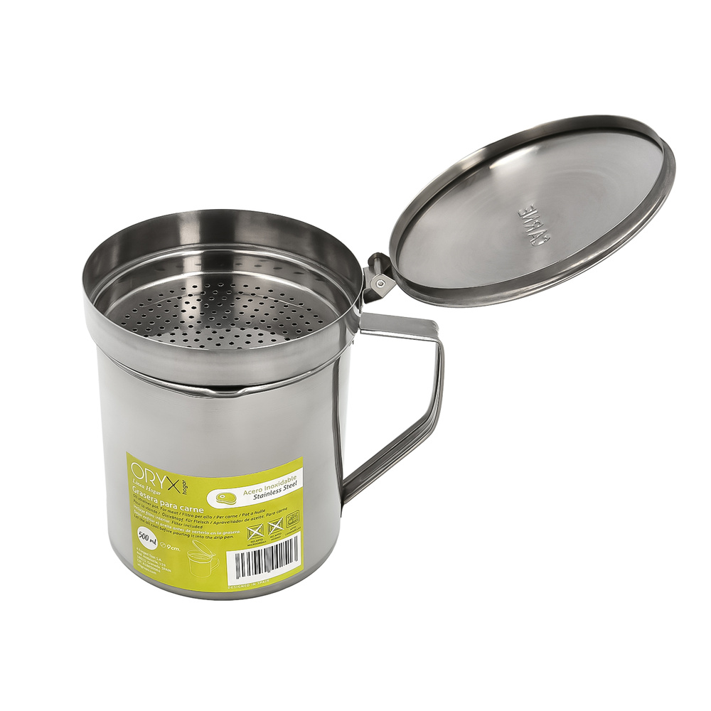Grasera Acero Inoxidable Para Carne, Aceitera Aceite Usado 0,5 lts. Con Colador y Tapa, Recipiente Reciclaje Aceite Usado Carne - Imagen 3