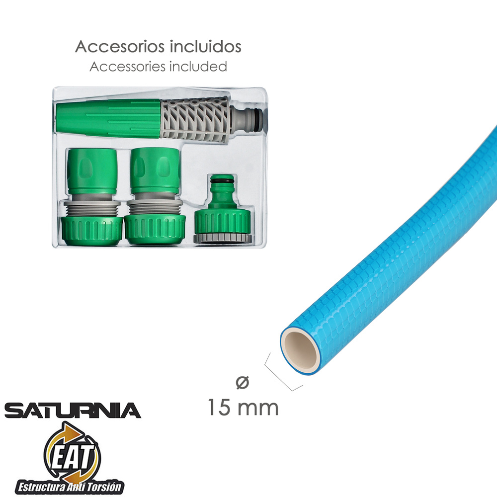Manguera Tricotada No Torsion Blue Ø 15 mm. Rollo 15 metros. Con Accesorios, Manguera Anti Torsion, Manguera Sin Dobleces, - Imagen 2