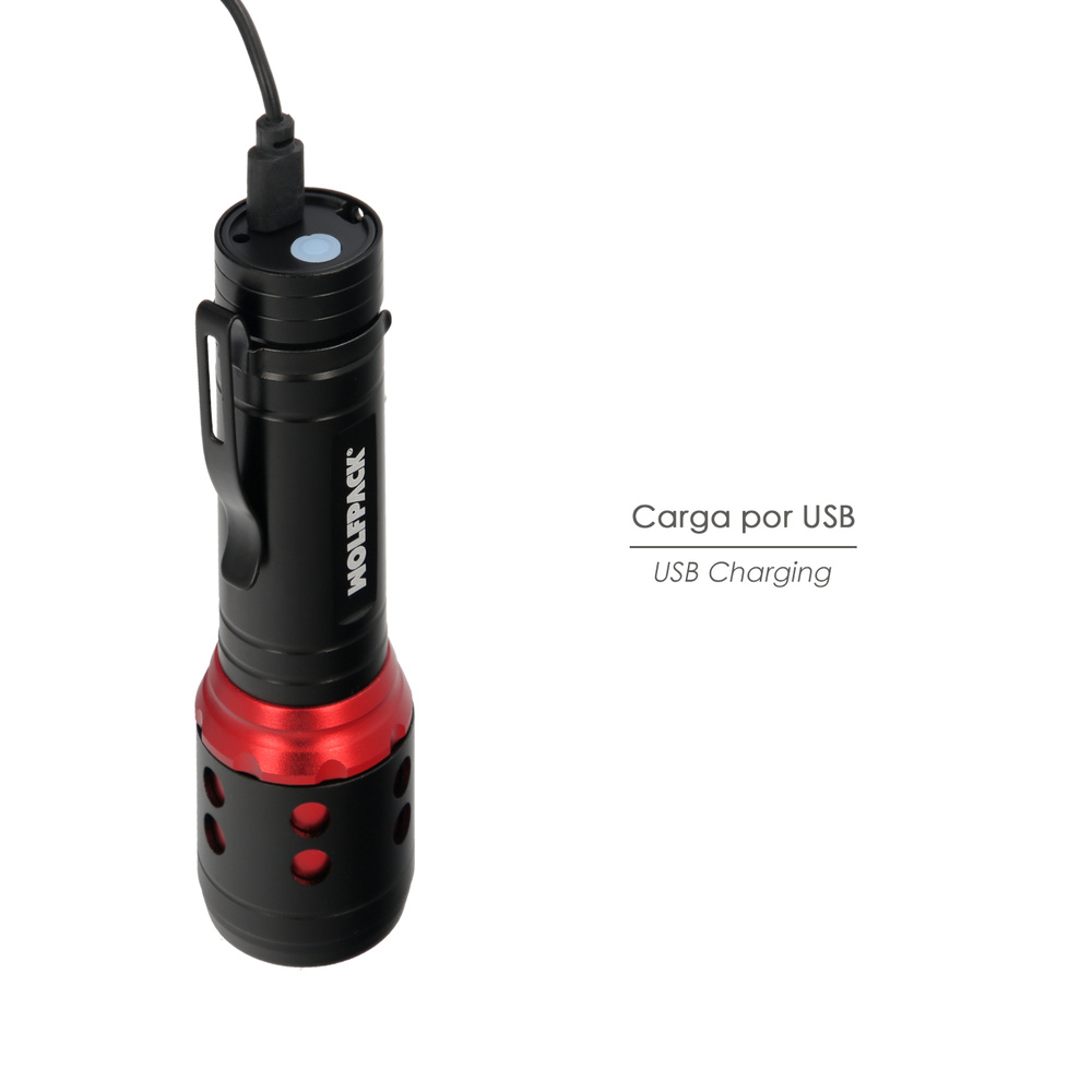 Linterna LED De Mano Mini Aluminio Recargable USB (1.200 mah) 500 Lumenes 5 Watt. Con Función Zoom y Clip Sujeción - Imagen 5
