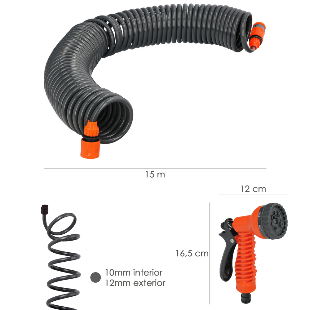 Manguera Extensible Autoenroscable Espiral 15 Metros Con Pistola y Conectores - Imagen 2