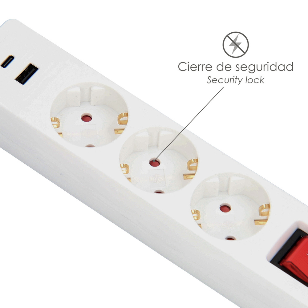 Base Multiple 3 Tomas Schucko y 2 tomas USB (A / C) Con Interruptor y Toma de Tierra - Imagen 2