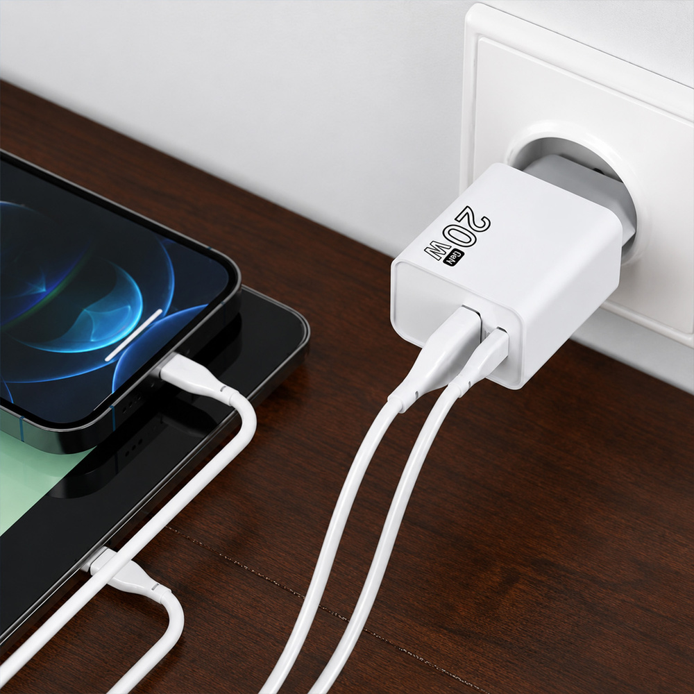 Cargador GaN 20 W. con puertos USB-A y USB-C. incluye cable USB-C a USB-C de 100 cm. - Imagen 3