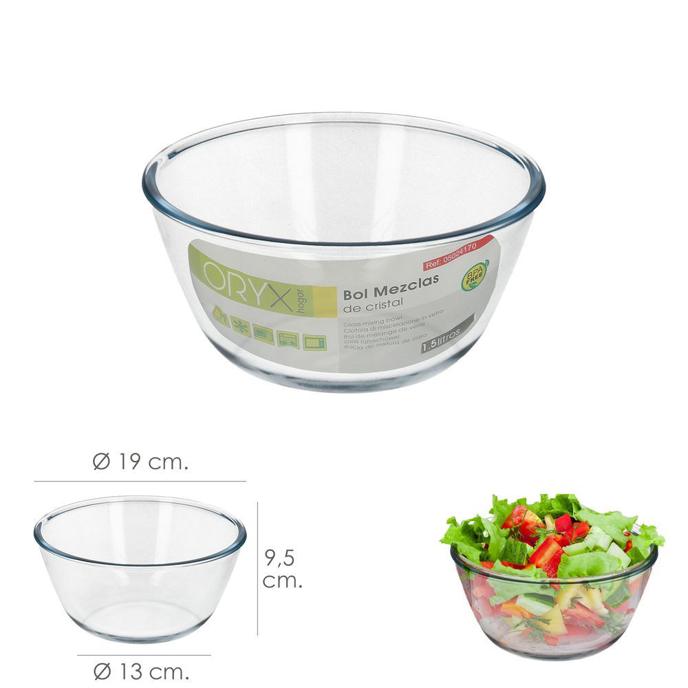 Bol De Cristal, Ideal Para Mezclas. 1.5 Litros. Libre BPA, Cristal De Borosilicato.Ensaladas, Postres, Cocina, Resposteria - Imagen 3