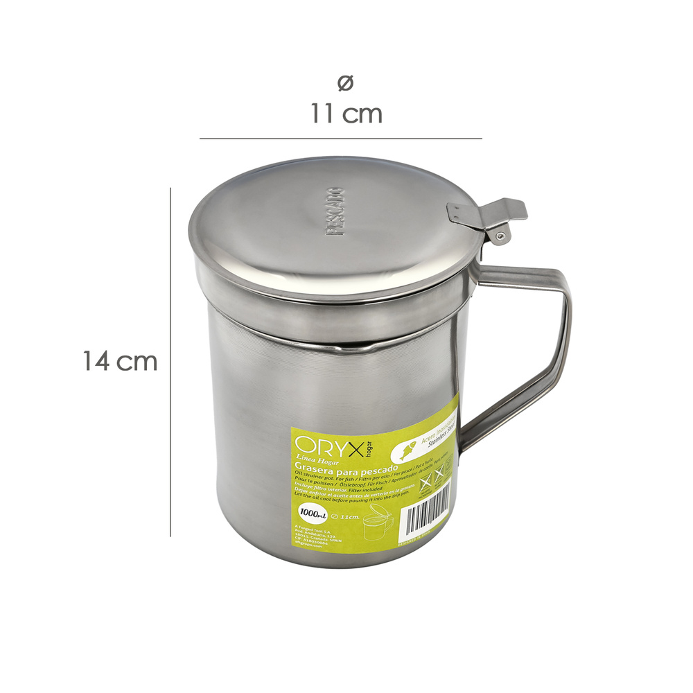 Grasera Acero Inoxidable Para Pescado Aceitera Aceite Usado 1,0 L. Con Colador y Tapa, Recipiente Reciclaje Aceite Usado Pescado - Imagen 2