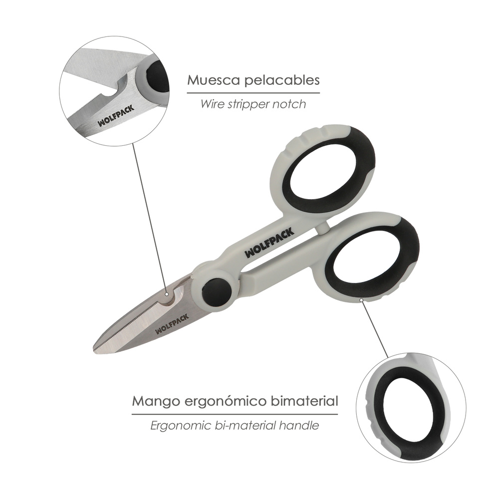 Tijeras Electricista 140 mm. Mango TPR No tension. Hojas Acero Inoxidable, Ergonomicas, Tijeras Cortar Cable, Pelacables - Imagen 3