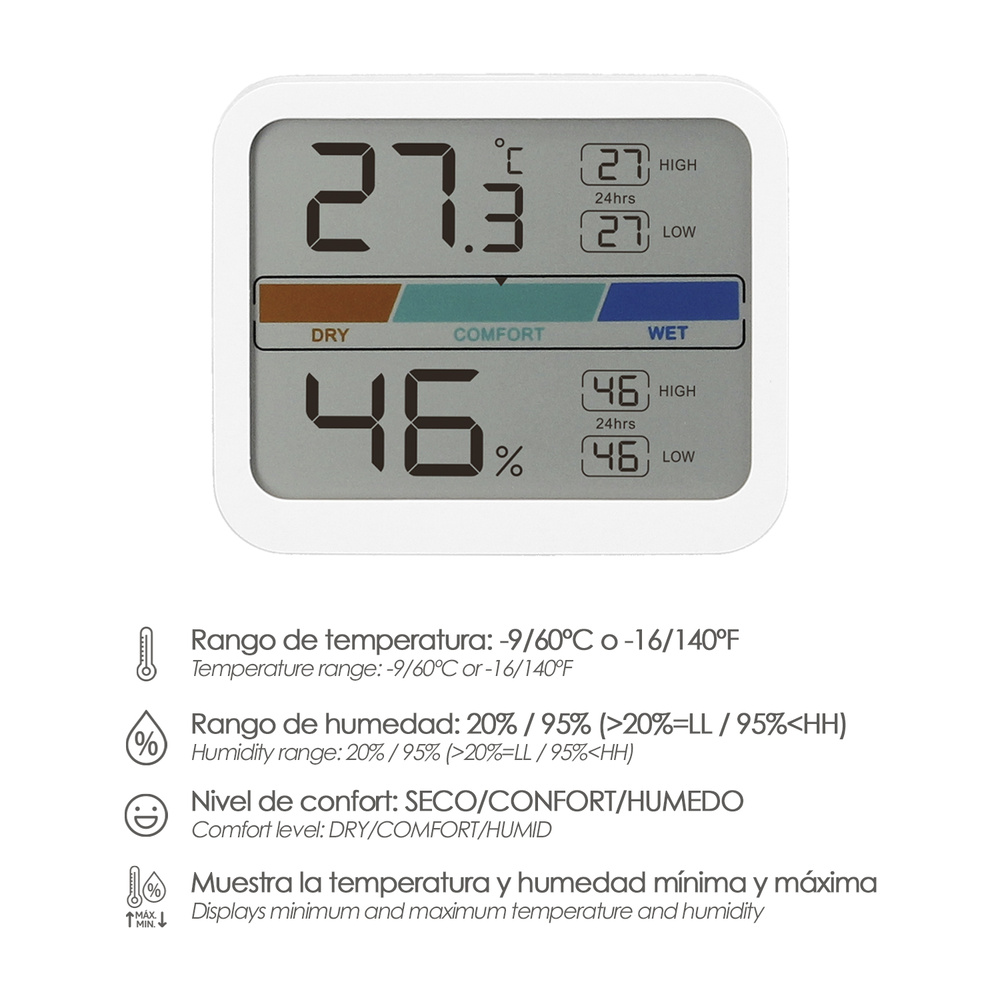 Termómetro Digital Higrómetro Interiores y Exteriores Minimo/Máximo Con Indicardor De Humedad - Imagen 3