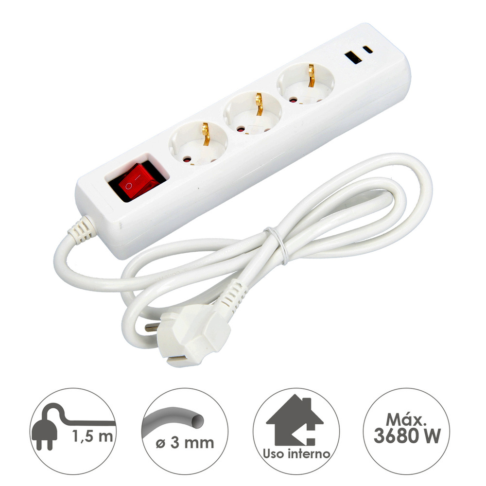 Base Multiple 3 Tomas Schucko y 2 tomas USB (A / C) Con Interruptor y Toma de Tierra - Imagen 3