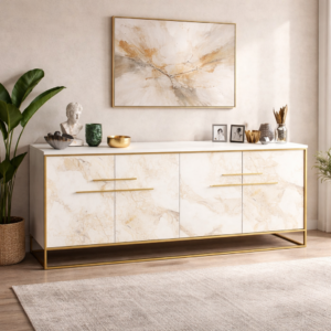 Aparador SIENA, bilaminado mármol blanco con metal dorado, 180 cms.
